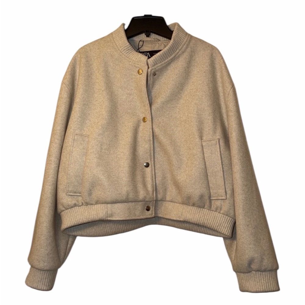 Zara Off white Varsity bomber Jacket with Ribbed Collar